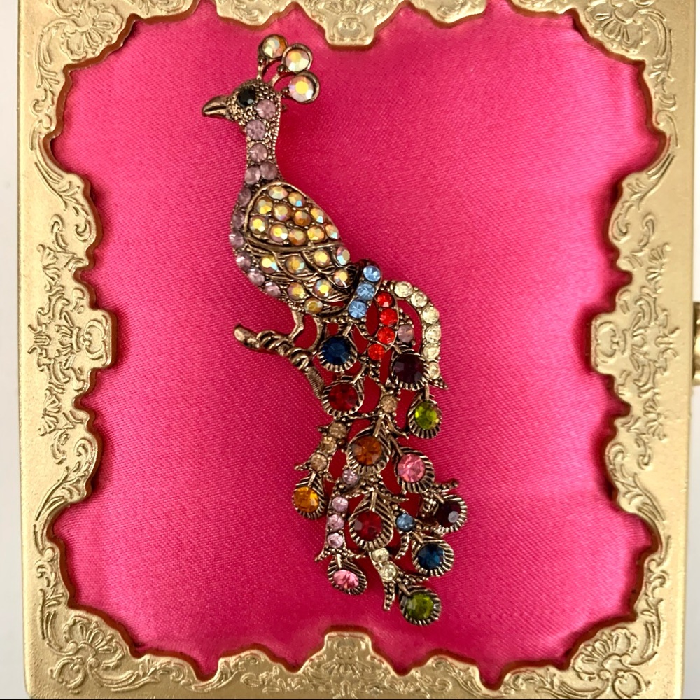 Fancy rhinestone peacock multi-colour brooch, EUC